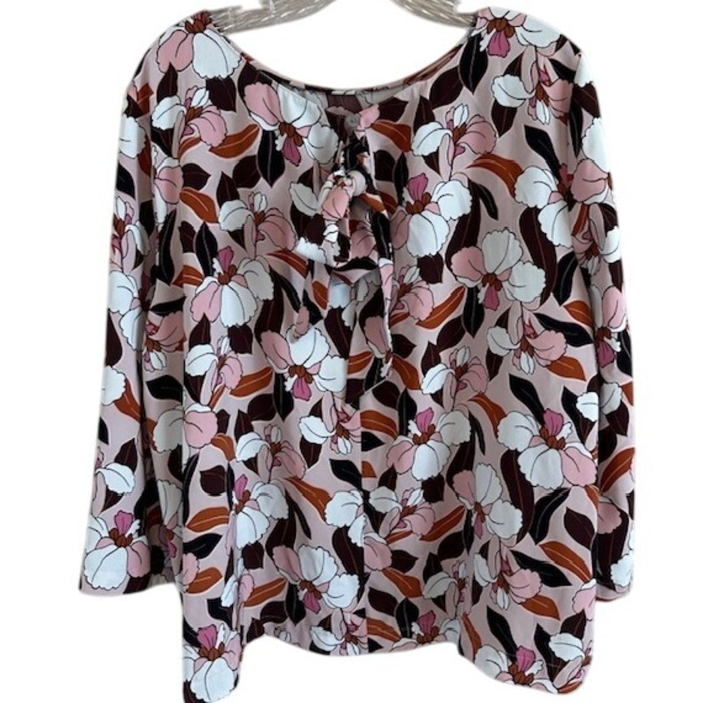 Ann Taylor Women's Pink White Black Floral Print 3/4 Bell Sleeve Blouse XL